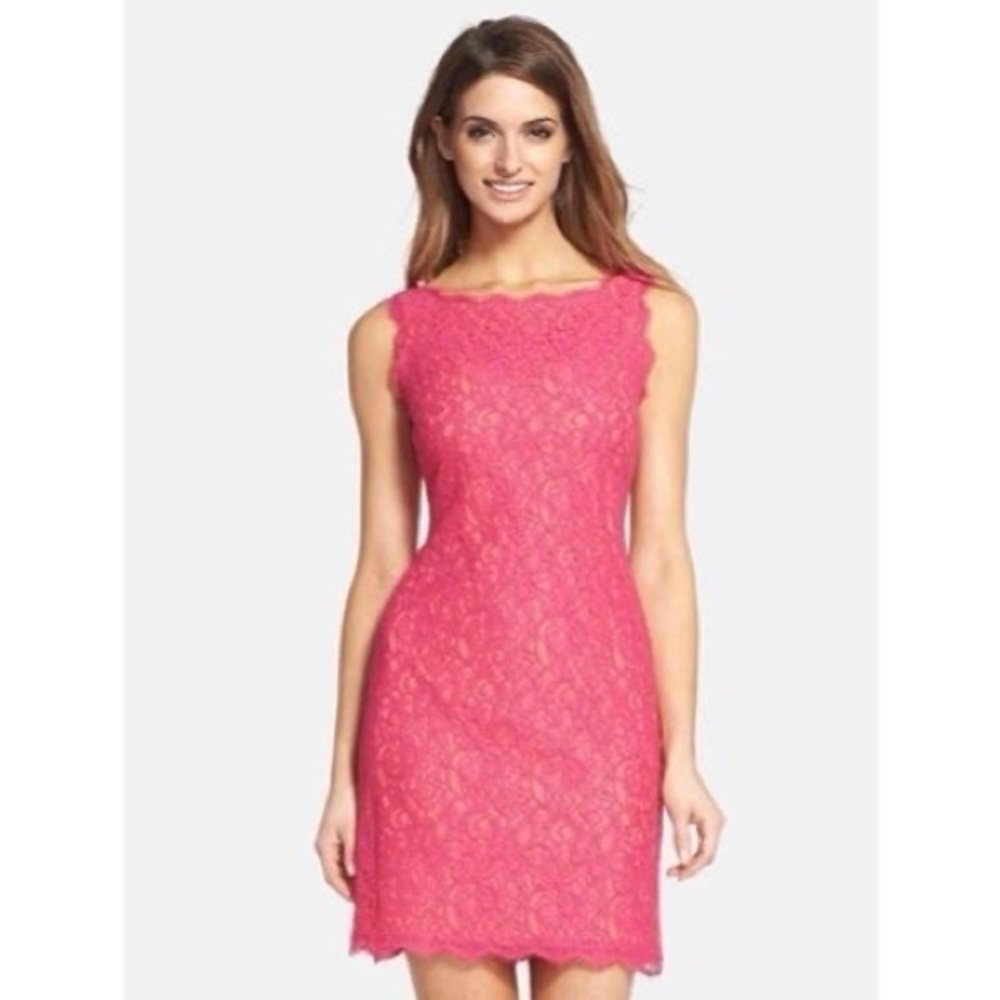 Adrianna Papell Rich Rose Pink Venetian Lace Mini Sheath Square Boat Neck Dress